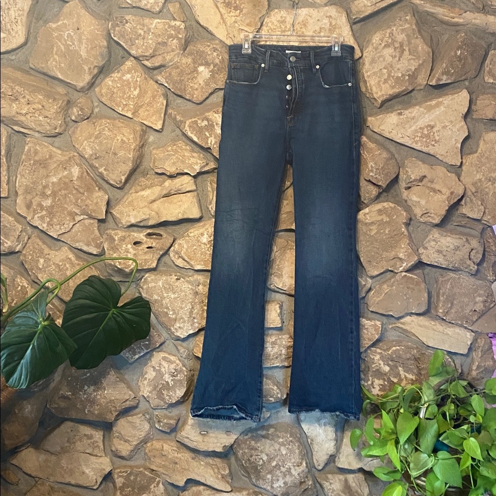 Stretchy button fly flare high rise jeans